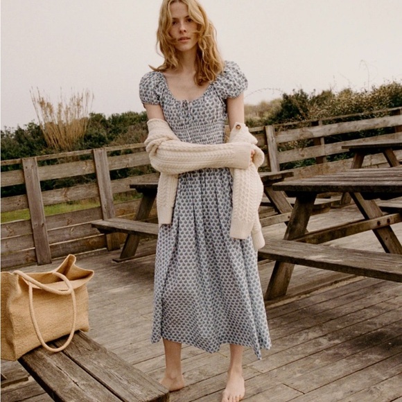 Doen Quinn Cotton Smocked Short Sleeve Midi Maxi Dress Dahlia Ditsy Blue White - Picture 7 of 16